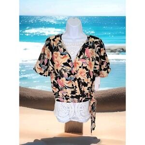 JustFab Wrap Top L Black Tropical Print Flutter Sleeve Side Tie Beachy Boho NWT